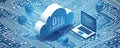 Blue cloud technology icon with digital chips and laptop interface Royalty Free Stock Photo