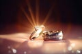 Beautiful wedding rings on a dark gold background, which are a symbol of love and commitment. Royalty Free Stock Photo