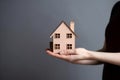 Hand with a wooden house resting on its palm.