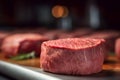 Raw, lean beef steak on a dark background. The meat is perfectly sliced and ready for cooking on a grill.