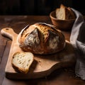 Slice of bread on a dark background. The bread stands out with its crispy crust and soft interior.