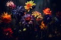 Various colorful flowers against a dark background, creating a striking contrast that draws the viewer\'s eye.