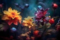 Various colorful flowers against a dark background, creating a striking contrast that draws the viewer\'s eye.