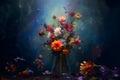 Various colorful flowers against a dark background, creating a striking contrast that draws the viewer\'s eye.