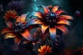 Various colorful flowers against a dark background, creating a striking contrast that draws the viewer\'s eye.