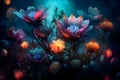Various colorful flowers against a dark background, creating a striking contrast that draws the viewer\'s eye.