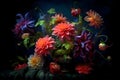 Various colorful flowers against a dark background, creating a striking contrast that draws the viewer\'s eye.