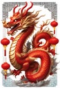 A graphic design art of a chinese dragon with chinese red lampions, chinese new year theme, white bavkground