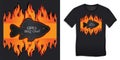 Graphic design of black carp BBQ and grill t-shirts, grilled fish on fire, black board with chalk text Royalty Free Stock Photo