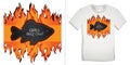 Graphic design of carp BBQ and grill t-shirts, grilled fish on fire, blackboard with chalk text Royalty Free Stock Photo