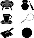 Collection of black silhouette icons representing pottery and crafting tools Royalty Free Stock Photo
