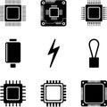 Collection of electronic components and symbols including microchips and a lightning bolt Royalty Free Stock Photo