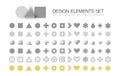 Graphic design elements set. Circle, triangle arrow, square abstract geometric shapes. Grunge noise, halftone grain