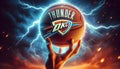 A graphic design featuring the OKC Thunder logo on a basketball