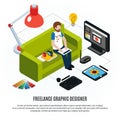 Graphic design freelancer his computer tablet and other tools on white background isometric flowchart 3d vector illustration Royalty Free Stock Photo