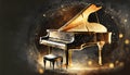 graphic design of grand piano on an abstract black background with golden lights