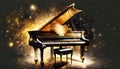 graphic design of grand piano on an abstract black background with golden lights