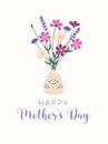 Graphic design of greeting card for Mother's Day. Vertical floral postcard for mom with spring bouquet of wild flowers