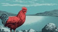 Graphic Design-inspired Illustration Of A Red Rooster By A Lake