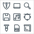 Graphic design line icons. linear set. quality vector line set such as crop, psd, brush, music, diskette, search, laptop