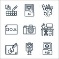 graphic design line icons. linear set. quality vector line set such as psd file, poster, sketchup, table, camera, basic shapes,