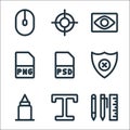 Graphic design line icons. linear set. quality vector line set such as school material, text, glue, no protection, psd, png, eye,
