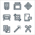 graphic design line icons. linear set. quality vector line set such as scissors, magic wand, brochure, paper, crop, plotter, pixel