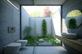 graphic design of modern bright interior bathroom surrounded by plants Royalty Free Stock Photo