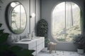 graphic design of modern bright interior bathroom surrounded by plants Royalty Free Stock Photo