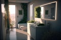graphic design of modern bright interior bathroom surrounded by plants Royalty Free Stock Photo