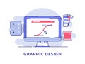 Graphic design pen tool drawing curve line on display computer monitor white isolated background with flat outline style