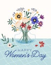 Graphic design of postcard for 8 March with Happy Women`s Day inscription. Vertical greeting card with wild flower