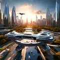 a graphic design poster of a futuristic cityscape with flying c