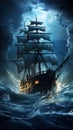 Graphic Design, Poster, Oil painting masterpiece Frigate on wild sea, emotional, strom Generative AI