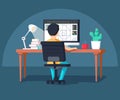 Graphic design professional in the middle of workflow, back view. Cool flat design illustration