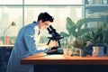 Graphic design of scientist looking into microscope in research center