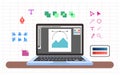graphic design software application on laptop screen flat illustration template design tools symbols icons and elements on screen Royalty Free Stock Photo