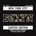 Graphic design for t-shirt with camouflage texture. Brooklyn, New York tee shirt print with slogan. Bklyn apparel typography. Royalty Free Stock Photo