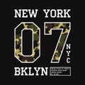 Graphic design for t-shirt with camouflage texture. New York tee shirt print with slogan. Brooklyn apparel typography. Vector. Royalty Free Stock Photo