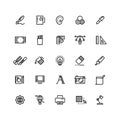 Graphic design tools, creative, office stationery line thin icons set