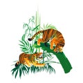 Graphic design with two aggressive fighting tigers surrounded by exotic plants.