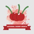 Graphic Design Vector Illustration. Three Cherries, on a watercolor background. NATIONAL CHERRY MONTH design concept. Perfect for Royalty Free Stock Photo