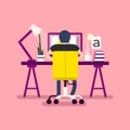 Graphic design workspace. Designers sitting on the desk, back view. Royalty Free Stock Photo