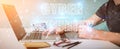 Graphic designer using cyber security text hologram 3D rendering