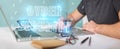 Graphic designer using cyber security text hologram 3D rendering