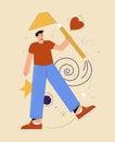 Graphic designer concept. Young smiling man holding giant pencil and create figures. Vector flat cartoon illustration