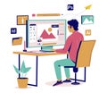 Graphic designer creating his artwork, vector flat isometric illustration