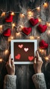graphic designer creating romantic Valentine\'s Day cards on a high-tech tablet