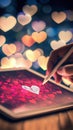 graphic designer creating romantic Valentine\'s Day cards on a high-tech tablet