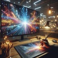 Graphic designer draws a vibrant cosmic explosion on a digital tablet Royalty Free Stock Photo